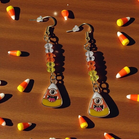 Handmade Candy Corn Halloween Dangle Beaded Earrings Fun Festive 3 Inch Length - Picture 1 of 7